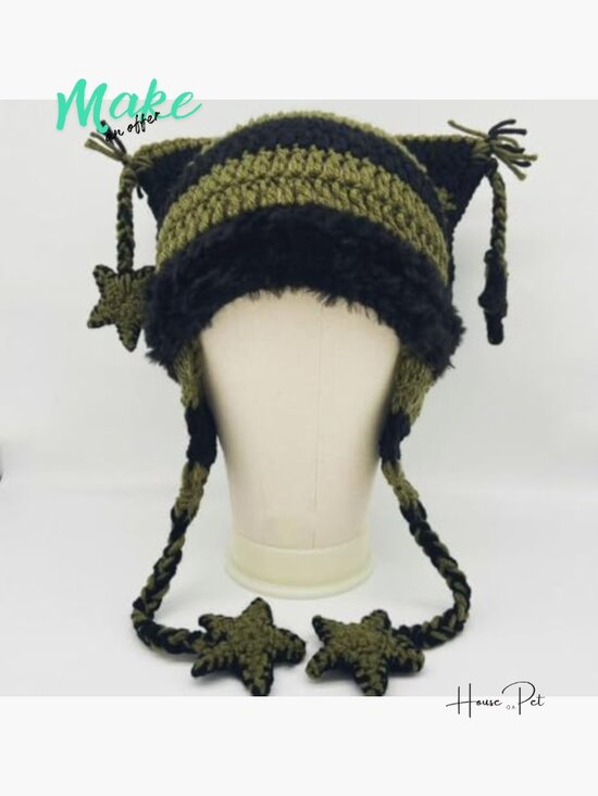 Polyester Knit Beanie with Cat Ears, Y2K Grunge Winter Hat main image 7